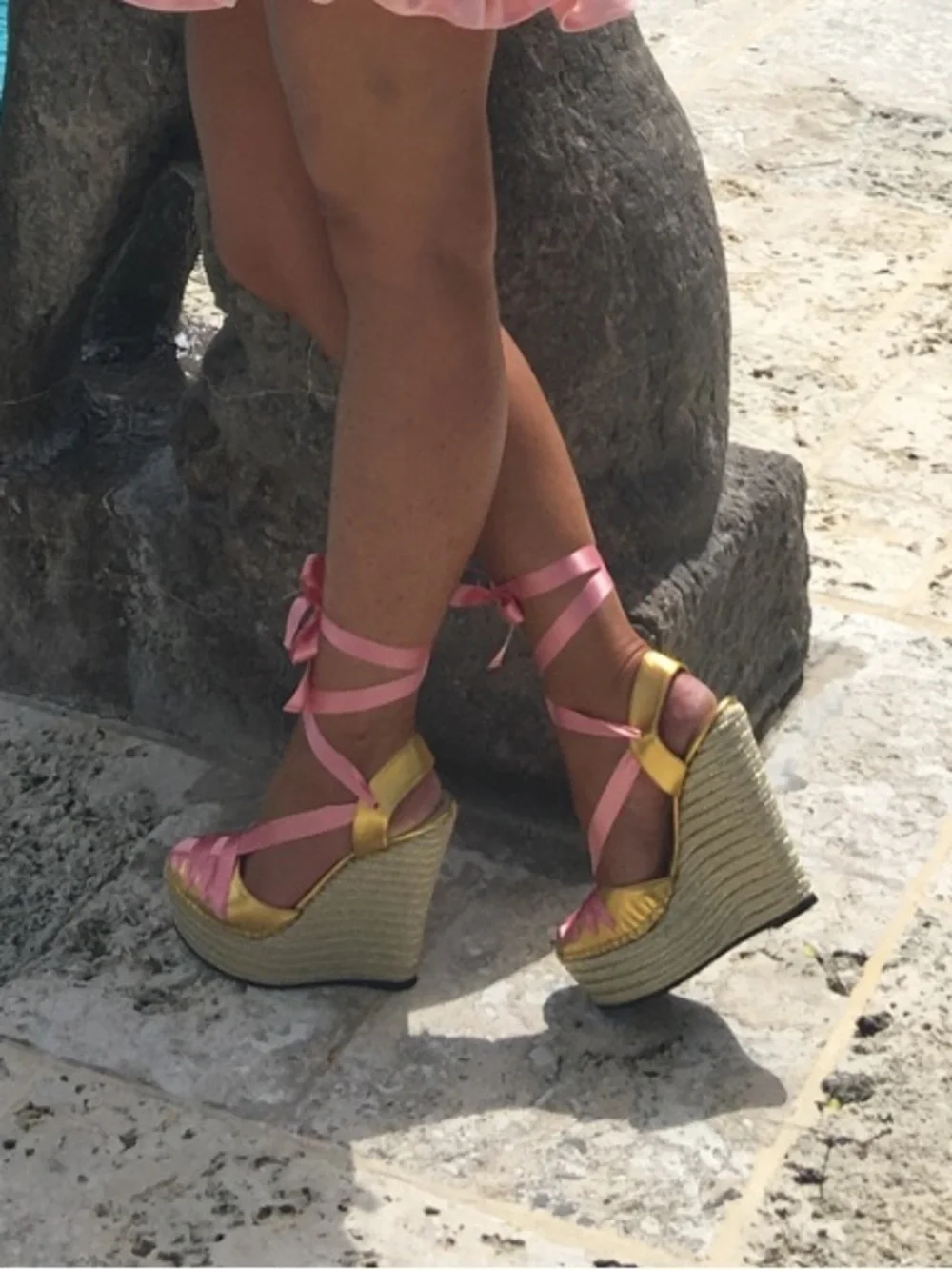 Gucci Gold Espadrille Wedge Sandals Pink Ribbon Tie Platform 37
